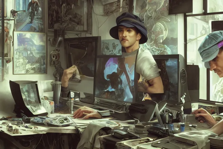 Image similar to a computer graphics artist man with a ballcap in a messy room at the computer animating, ultra realistic, concept art, intricate details, serious, highly detailed, photorealistic, octane render, 8 k, unreal engine. art by artgerm and greg rutk owski and alphonse mucha