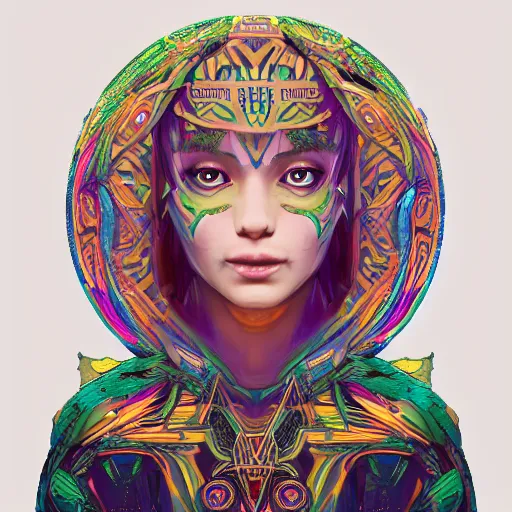 Image similar to portrait of a future metaverse ayahuasca tech shaman warrior, 2 d cartoon, visionary art, symmetric, magick symbols, holy halo, shipibo patterns, sci - fi, concept art, trending on art station, 8 k digital art, by mandy jurgens, fantasy portrait art, anime