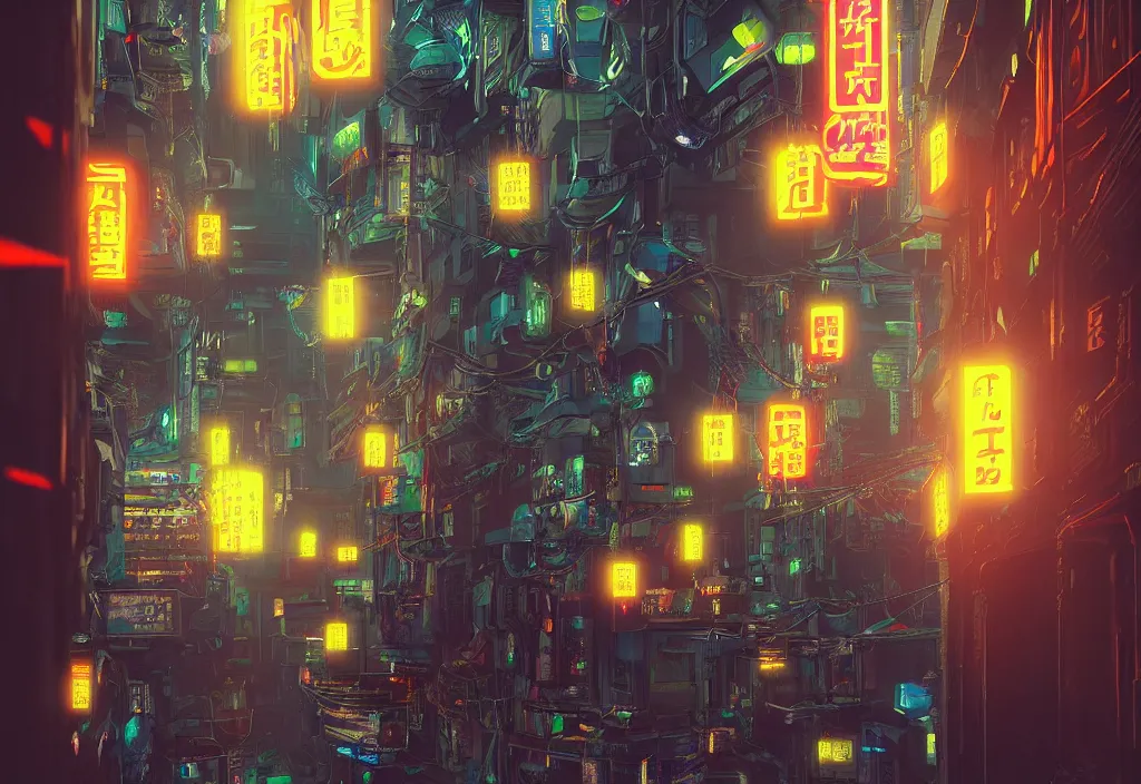 Prompt: a futuristic cyberpunk japanese izayaka alley with neon lights and lanterns, soft glow, intricate, cybernetic, viewed from above, trending on artstation, octane render, unreal engine, colorful, in the style of chris foss, rodger dean, moebius, michael whelan, and gustave dore