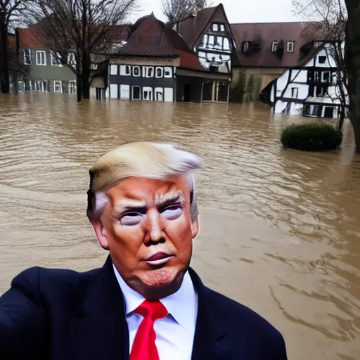 Prompt: Donald Trump taking a selfie in front of a flooded german town