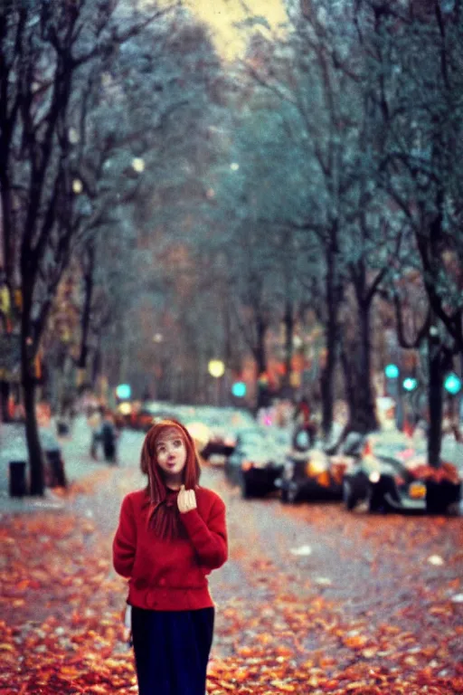 Prompt: a lomographic photo of a girl in moscow, autumn, cinestill, bokeh