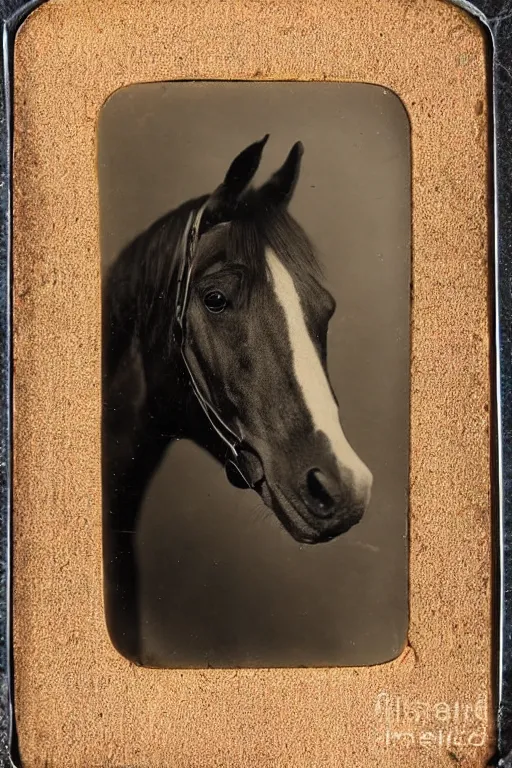 Prompt: a tintype photo of horse in a bed
