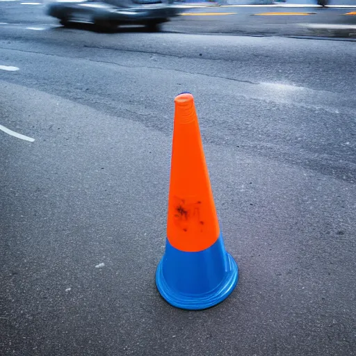 Prompt: a blue traffic cone, 3 5 mm lens, street photography