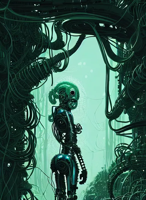 Image similar to highly detailed portrait of a biopunk cyborg long curly white hair tribal lady, stray wiring by atey ghailan, james gilleard, by joe fenton, by greg rutkowski, by greg tocchini, by kaethe butcher, 4 k resolution, gradient green, black and white color scheme!!! ( ( forested robotic dense jungle background ) )