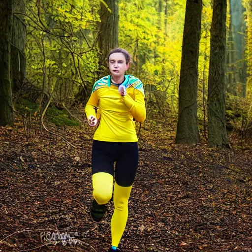 Image similar to a beautiful female orienteer wearing a yellow long - sleeved shirt and black tights runs in the forest, award winning photo, sigma 5 5.