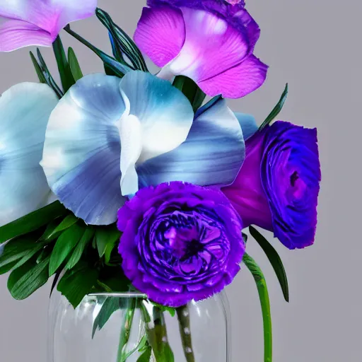 Image similar to blue and purple genetically modified blend of rose lily carnation orchid ranunculus!!! anenome, floral arrangement in futuristic!! vase made of mother of pearl, architectural digest, year 2 3 0 0