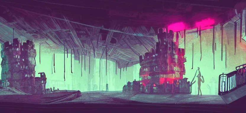 Image similar to handmade illustration of sieged small medieval castle, line art, octane render with volumetric lighting, watercolor by Kilian Eng and by Jake Parker,, futurisitic boxing gym weight room in bladerunner dystopia future, neon radioactive swamp