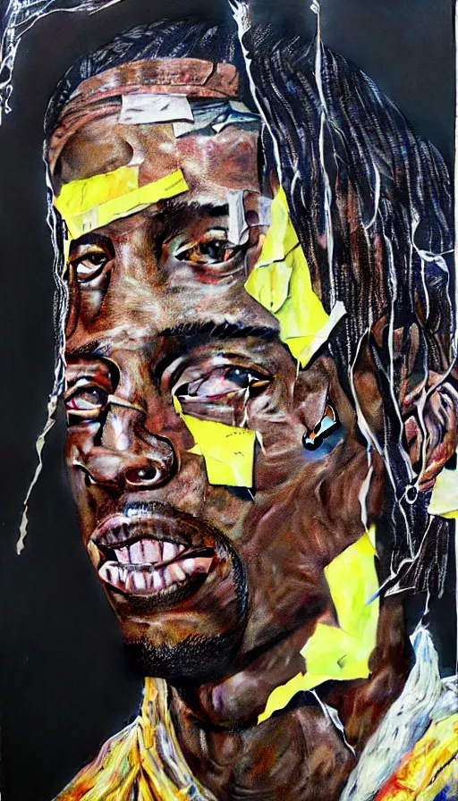 Image similar to rendered in blender travis scott with a trash bag on his head, collage paper and tape, acrylic on canvas, hyperrealism mixed with expressionism, high resolution, cinematic, unreal 6, breathtaking detailed, by blake neubert