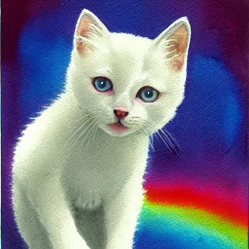 Image similar to a prism magically fractures a white kitten into every color of the rainbow, surreal fantasy watercolor,