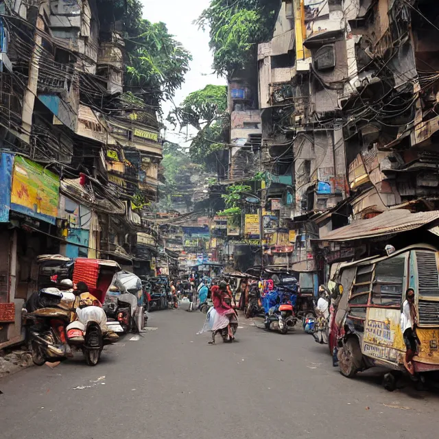 Prompt: streets of mumbai, 2 0 7 0, mossy buildings, high fidelity, uncompressed png, indian caravans