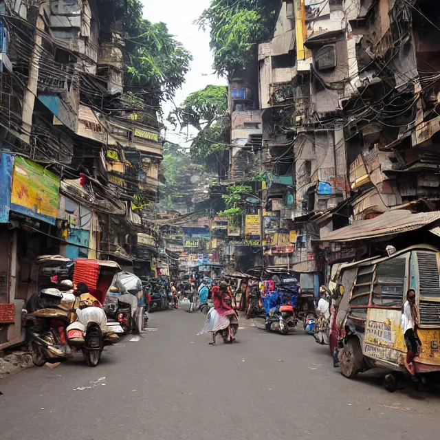 Image similar to streets of mumbai, 2 0 7 0, mossy buildings, high fidelity, uncompressed png, indian caravans