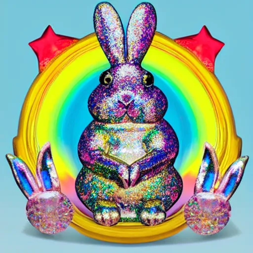 Image similar to iridescent bunny with rainbow colored crystals and gems in the king's treasury.