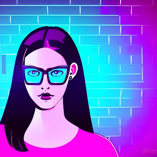 Prompt: simple illustration of an attractive young woman, dark hair, blue eyes, thick glasses, symmetrical, vector art, blade runner style, cyberpunk, neon lighting, teal, purple, pink