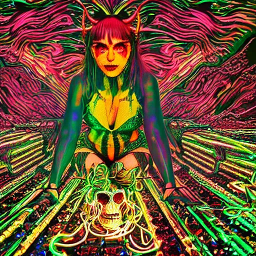 Prompt: a highly detailed symmetric wide shot of Grimes as the devil, sitting in a large glitter simulation with skulls and neon computer code, trending on artstationHD