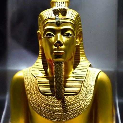 Image similar to a pharaoh that looks like donald trump, majestic, powerful, pyramids, anunaki, hieroglyphs, lush, rainforest, river, green, river god, wilbur smith, gold, trump tower