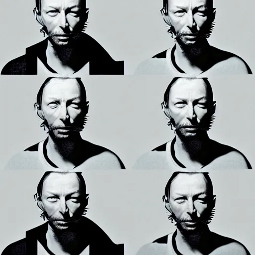 Image similar to overlapping sprite sheets of thom yorke, hyper realistic, many variations of thom yorke, face variations, various emotions, various poses, high quality photographs, mixed styles intricate details, beautiful lighting