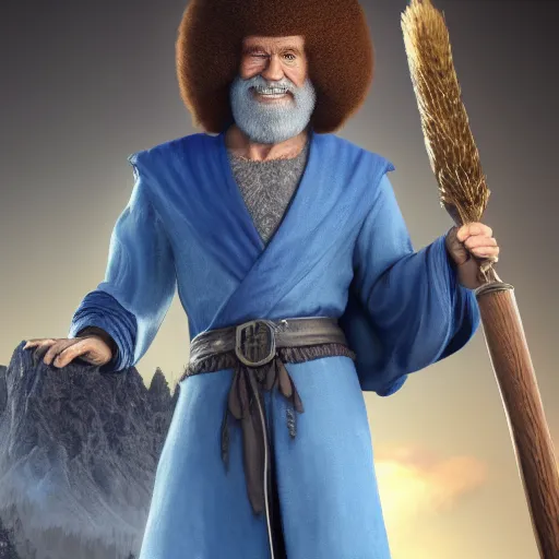 Image similar to an ultra detailed matte painting bob ross as a blue mage from final fantasy, fantasy, concept art by john collier and albert aublet, octane render, 8 k, detailed face