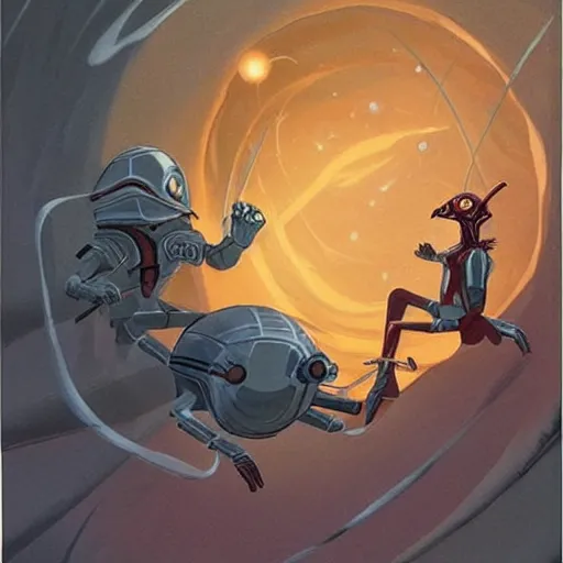 Image similar to space wizards fighting magic spiders in the style of ralph mcquarrie, breathtaking, painting
