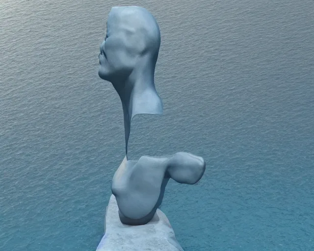 Image similar to a giant sculpture of an abstract human head on the surface of the ocean, hyper - realistic, very detailed, realistic water, ray tracing, 8 k resolution, long - shot, sharp focus, low angle, 8 5 mm photograph, wide lens