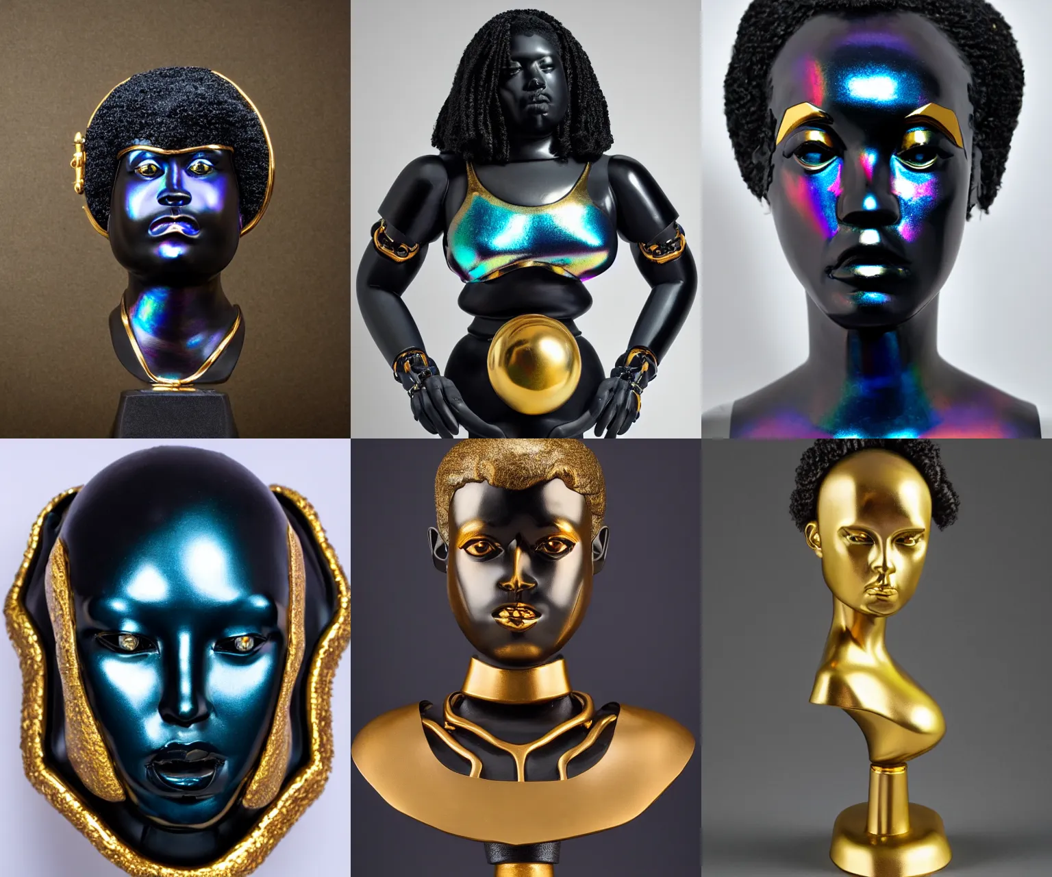 Prompt: iridescent tanslucent onyx and gold bust of angry futuristic obese cybernetic black girl empress, museum piece, lens distortion