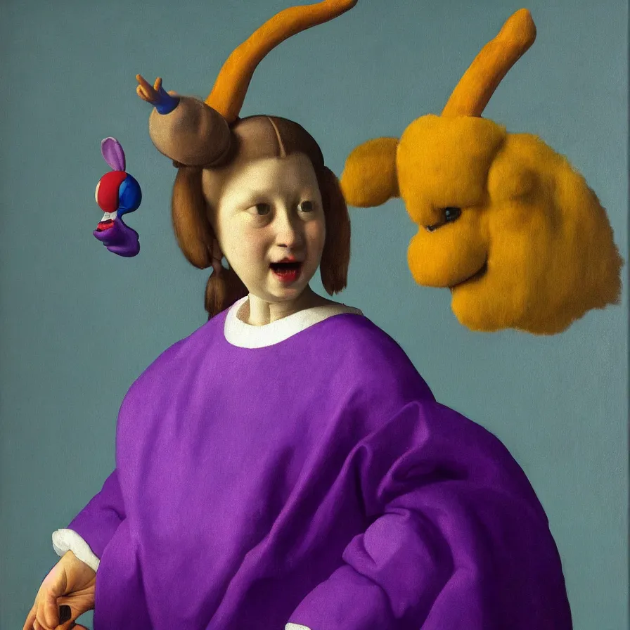 Prompt: rare hyper realistic portrait painting by vermeer, studio lighting, brightly lit purple room, a blue rubber ducky with antlers laughing at a giant crying rabbit with a clown mask