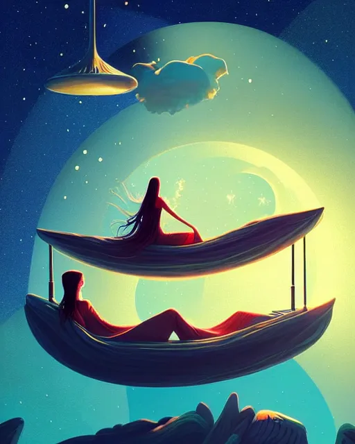 Prompt: beautiful painting of elven on a flying bed, art by mike winkelmann and by petros afshar, sky night, illustration, highly detailed, simple, smooth and clean vector curves, no jagged lines, vector art, smooth, artstation