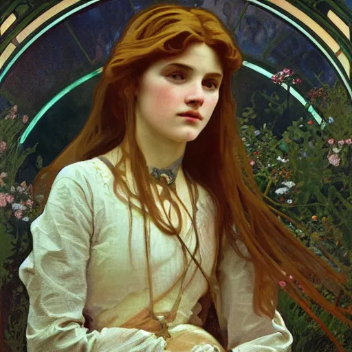 Image similar to a beautiful painting of a young girl in the scottish highlands, underexposed and overcast, by alphonse mucha, john sargent, and octane.