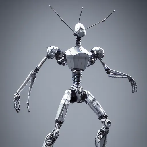 Image similar to 3d Render of a silver robot mantis in the wildn dramatic lighting, shallow depth of field, high detail, concept art