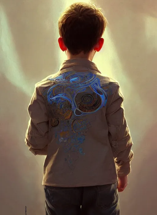 Prompt: perfectly - portrait of a boy wearing shirt from behind, intricate, highly detailed, digital painting, artstation, concept art, smooth, sharp focus, illustration, unreal engine 5, 8 k, art by artgerm and greg rutkowski and alphonse mucha