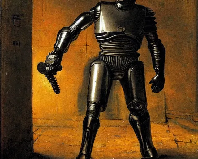 Prompt: robocop in medieval age, made by rembrandt made by frazetta