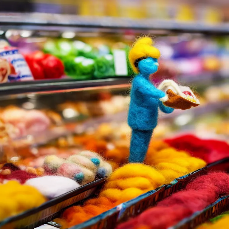 Image similar to needle felted person buying food at supermarket, highly detailed, tilt shift, cute, hyperrealism, highly textured, god rays