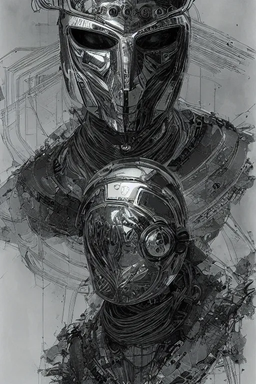 Image similar to portrait of a futuristic masked man with cybernetics and wires on the helmet, pen and ink, intricate line drawings, by craig mullins, ruan jia, kentaro miura, greg rutkowski