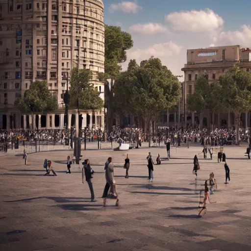 Prompt: photorealistic weird sculpture in the middle of plaza catalunya surrounded by people, barcelona, octane render, by origiful, 4 k