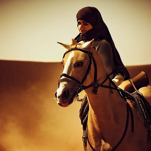 Image similar to ultra - photorealistic, middle eastern woman driving horse and handling weapon, dust, yellow cinematic, 4 k, 8 0 0 mm, uhd, vogue, winning photo of the year, sharp focus, intricate, hyperdetailed