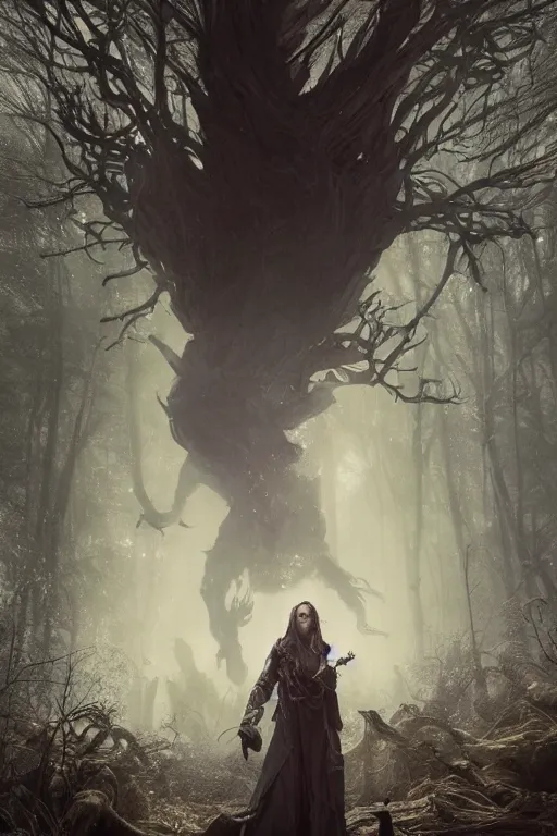 Image similar to a fancy illustrated portrait of a beautiful dark mage performing a ritual deep in the forbidden forest by Greg Rutkowski, Sung Choi, Mitchell Mohrhauser, Maciej Kuciara, Johnson Ting, Maxim Verehin, Peter Konig, final fantasy , mythical, 8k photorealistic, cinematic lighting, HD, high details, atmospheric,