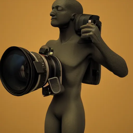 Image similar to a man with a camera attached to his head, a computer rendering by pascal blanche, featured on zbrush central, les automatistes, 8 k 3 d, dslr camera, rendered in cinema 4 d