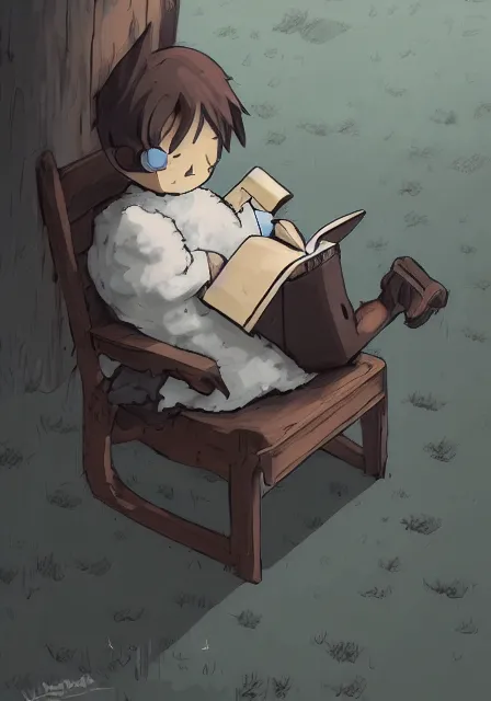 Image similar to beautiful little boy wearing sheep suit reading a book while sitting on chair, gray, blue, green and brown pallet color. made in abyss art style, inspired by kris from deltarrune, cute detailed artwork, anatomically correct, soft details, ilya kuvshinov, reflection, perfect composition, mobile wallpaper, illumination, helltaker, digital art