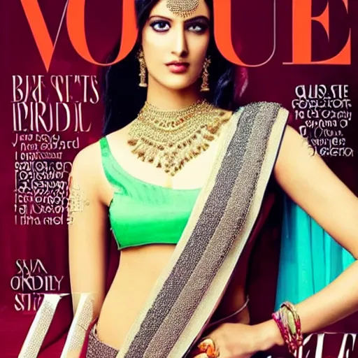 Image similar to a hot girl in a saree Vogue magazine cover photo