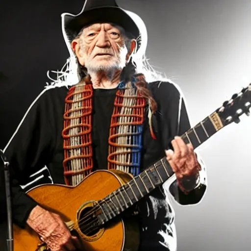 Image similar to willie nelson on stage, detailed, guitar. god rays through fog.