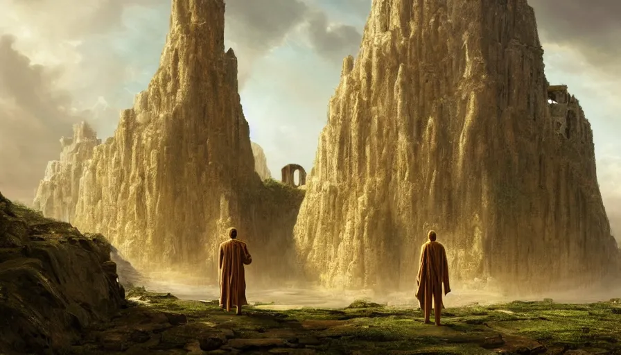 Image similar to a land of ruins of lost civilization with a distant fort in the middle, pure gold pillars, water tunnels below and a magical time gate to another dimension, a man wearing a robe standing watching over, by caspar david friedrich by james gilleard and justin gerard, artstation, smooth, sharp focus, by jean baptiste, octane render