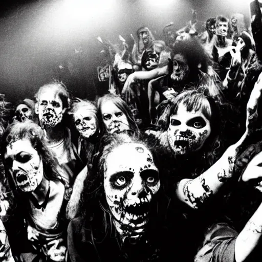 Image similar to zombies at a punk rock concert, highly detailed photo from 1985, black and white