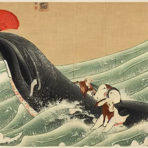 Image similar to dogs riding on the back of a whale in the middle of the ocean, Edo Period Japanese Art, award-winning art