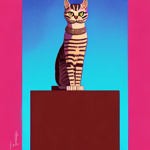 Image similar to low angle shot of a cat standing on a monolith by Martine Johana and Casey Weldon, wes anderson rich colors, intricate, elegant, highly detailed, centered, digital painting, artstation, concept art, smooth, sharp focus, illustration