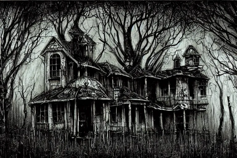 Image similar to mad horror painting of a futuristic alien witch house in the woods by ben templesmith