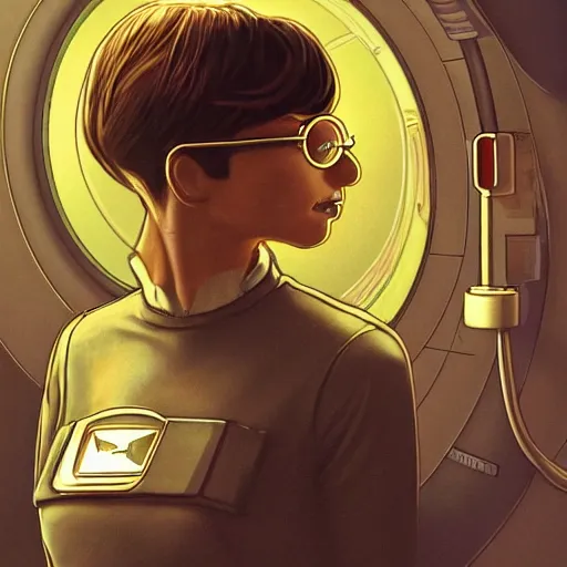 Prompt: science fiction, awkward brilliant female teenage tomboy girl with short hair brown hair, in a starship reactor room, wearing victorian brass glasses, alien 1 9 7 9, used future, artstation, michael whelan, ron cobb, digital illustration