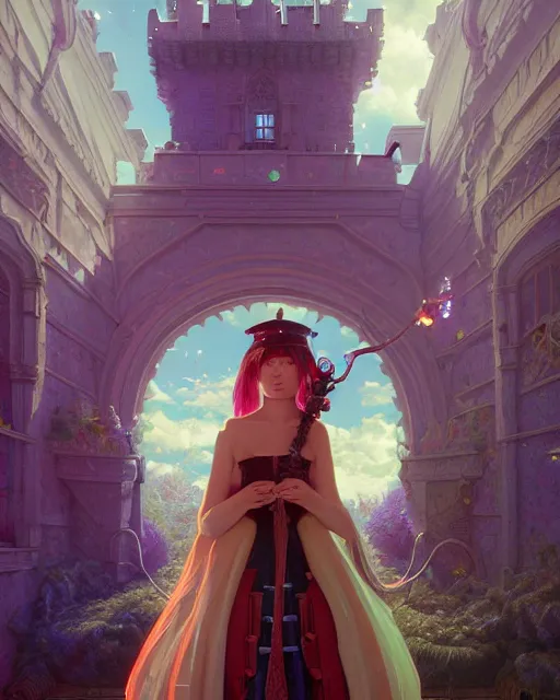 Image similar to highly detailed surreal vfx portrait of a female candypunk mage in a majestic castle by golden tree, stephen bliss, unreal engine, greg rutkowski, loish, rhads, beeple, makoto shinkai and lois van baarle, ilya kuvshinov, rossdraws, tom bagshaw, alphonse mucha, global illumination, detailed and intricate environment