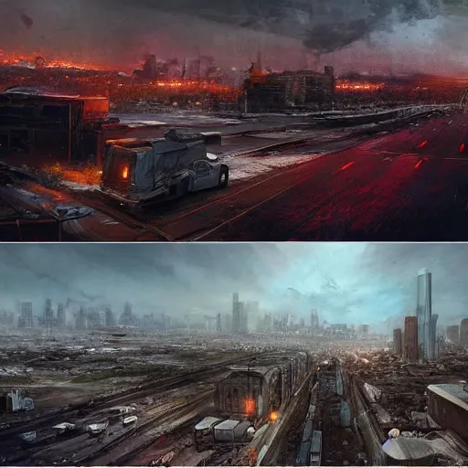 Image similar to epic digital matte paining of post-apocalyptic Los Angeles by Jama Jurabaev and Denis Villeneuve, extremely detailed, artstation