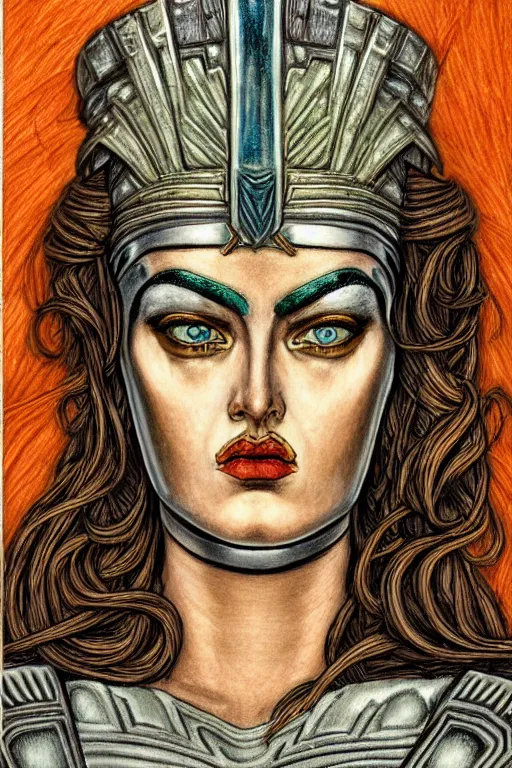 Image similar to The Godess Hera looking angry, detailed armor, portrait, highly detailed, colored pencil, beautiful face, symmetric face, cinematic, art by Hergé