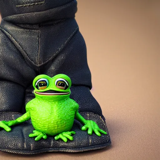 Image similar to perfectly accurate miniature figure of pepe the frog wearing jeans and a black leather jacket, soft textures, skin texture, clothing, 3d sculpture, textured, fine detail, lifelike, photo, high resolution, octane render, post processing, after effects, trending on artstation