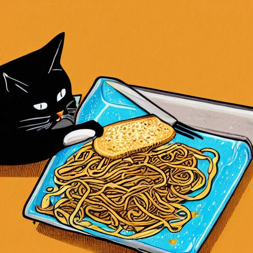 Prompt: fat cat eating noodles on toast, digital art